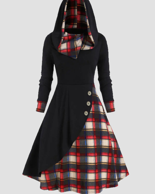 Plus Size Plaid Buttoned Long Sleeve Hooded Dress