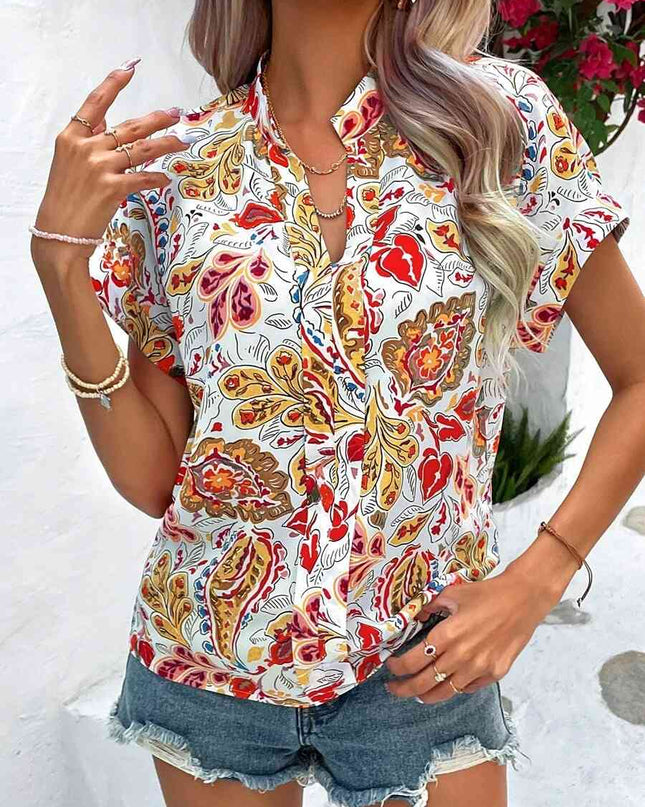Printed Notched Neck Short Sleeve Blouse
