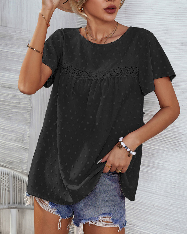 Swiss Dot Round Neck Flutter Sleeve Blouse
