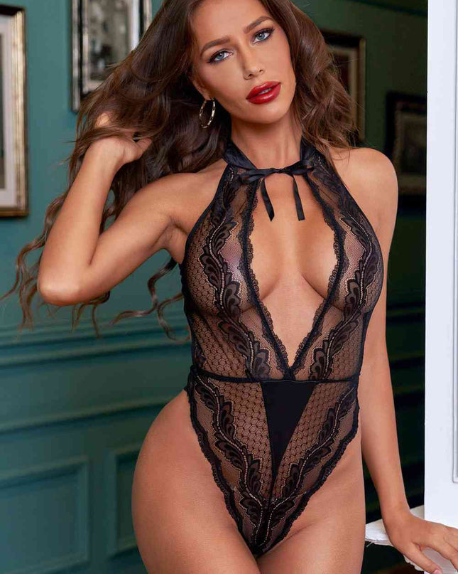 Tie Neck Cutout Lace Teddy