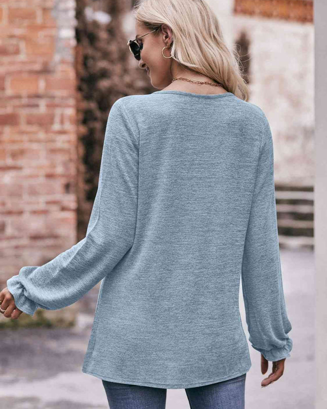Double Take Long Flounce Sleeve Round Neck Blouse
