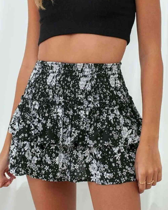 Printed Frill Trim Smocked Mini Skirt