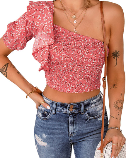 Ditsy Floral Ruffled One-Shoulder Smocked Top