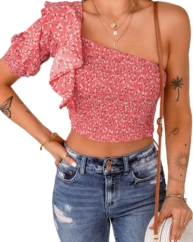 Ditsy Floral Ruffled One-Shoulder Smocked Top