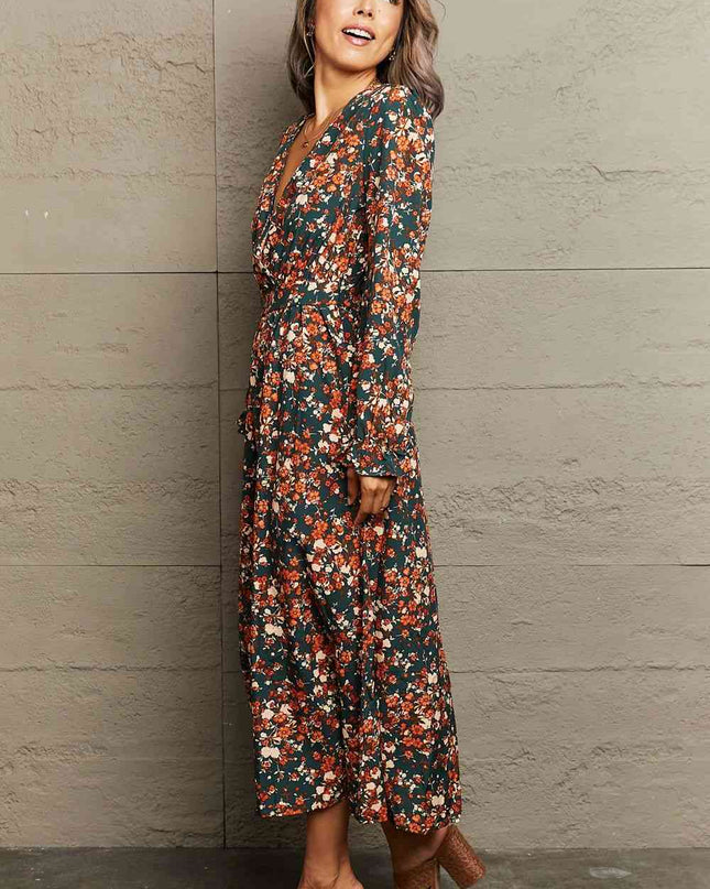Printed Surplice Neck Long Sleeve Dress