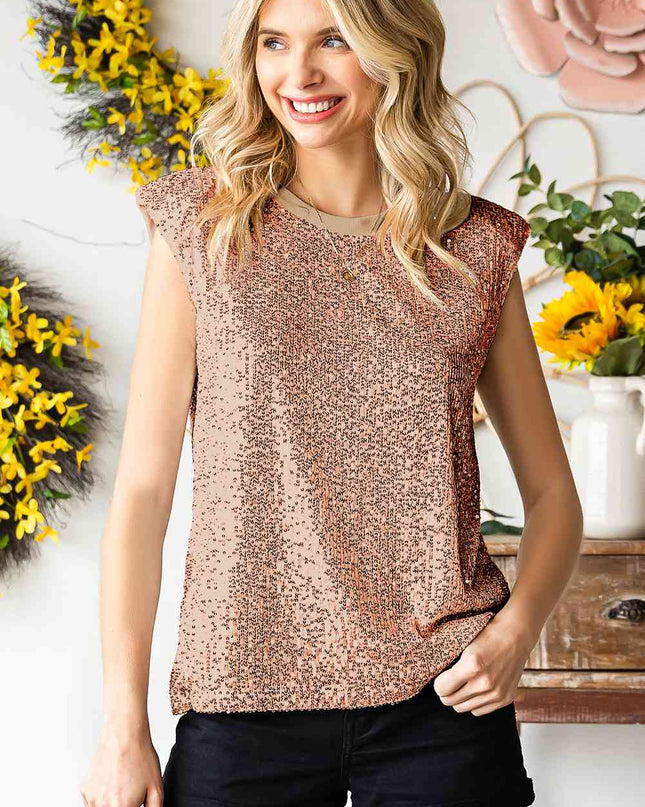 Sequin Round Neck Capped Sleeve Tank