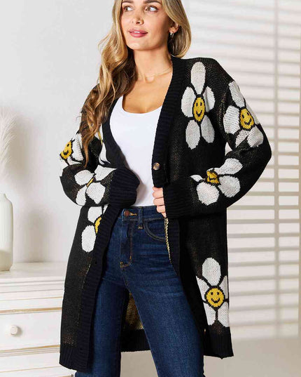 Double Take Floral Button Down Longline Cardigan