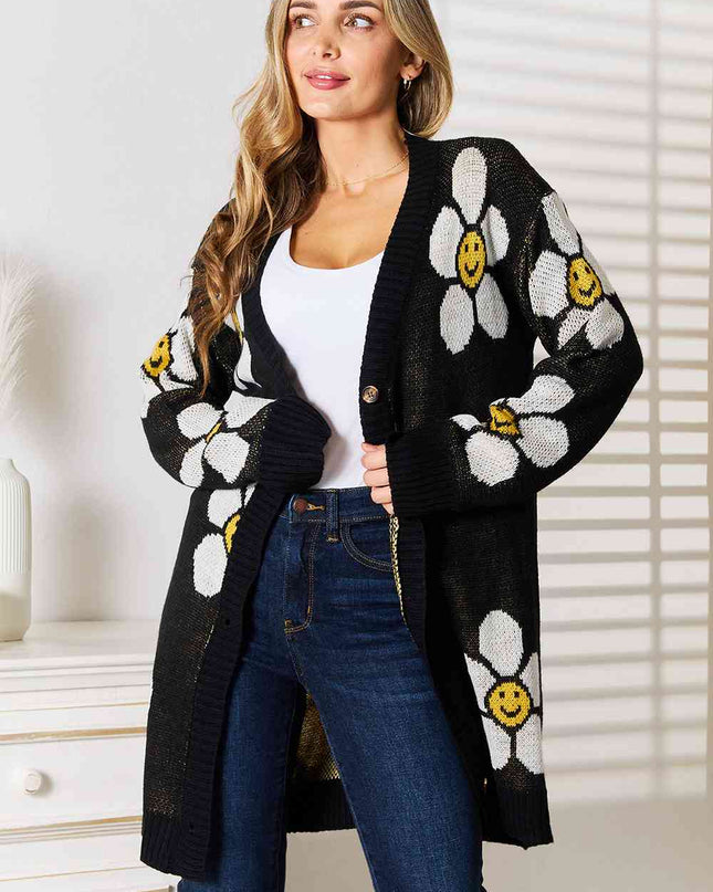 Double Take Floral Button Down Longline Cardigan