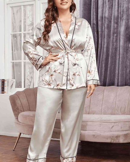 Plus Size Floral Belted Robe and Pants Pajama Set