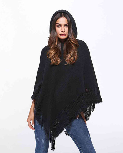 Openwork Fringe Hem Hooded Poncho