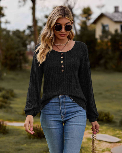 Round Neck Button-Down Long Sleeve Tee