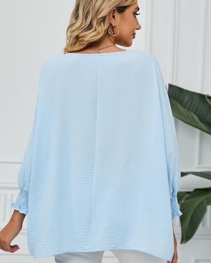 Smocked Lantern Sleeve Round Neck Blouse