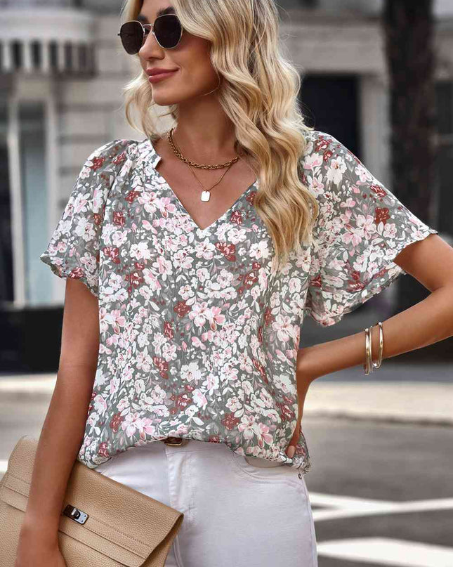 Floral Notched Neck Flutter Sleeve Blouse