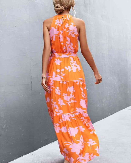 Printed Sleeveless Tie Waist Maxi Dress