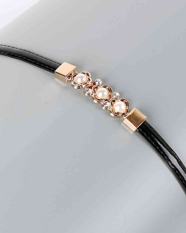 Rhinestone Flower Adjustable PU Leather Belt