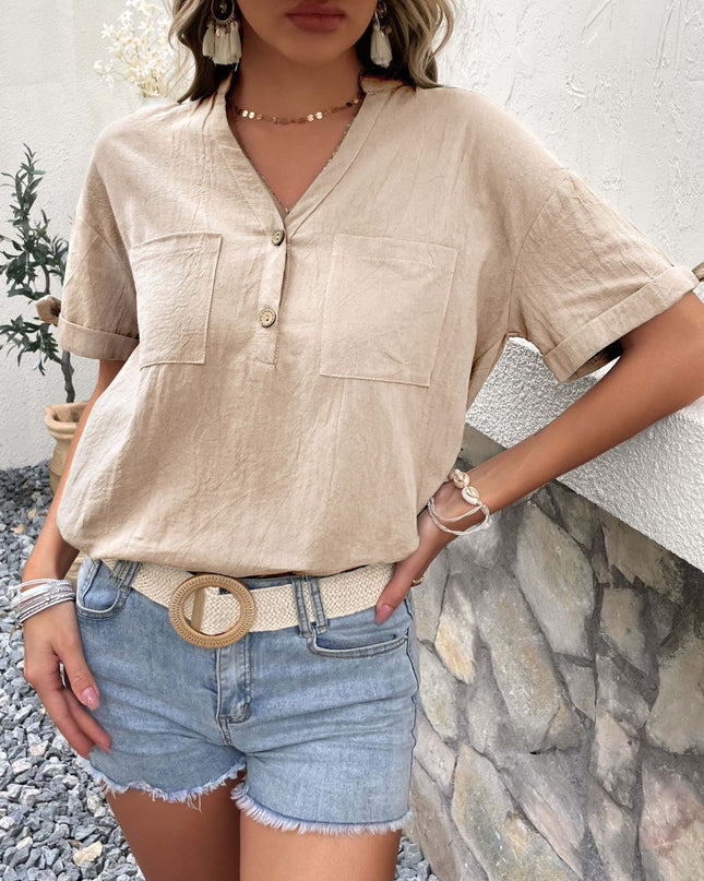 Buttoned Notched Neck Cuffed Sleeve Blouse
