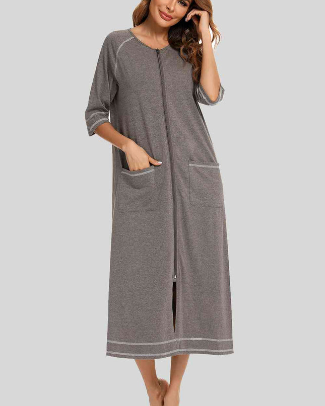 Zip Up Slit Round Neck Night Dress with Pockets