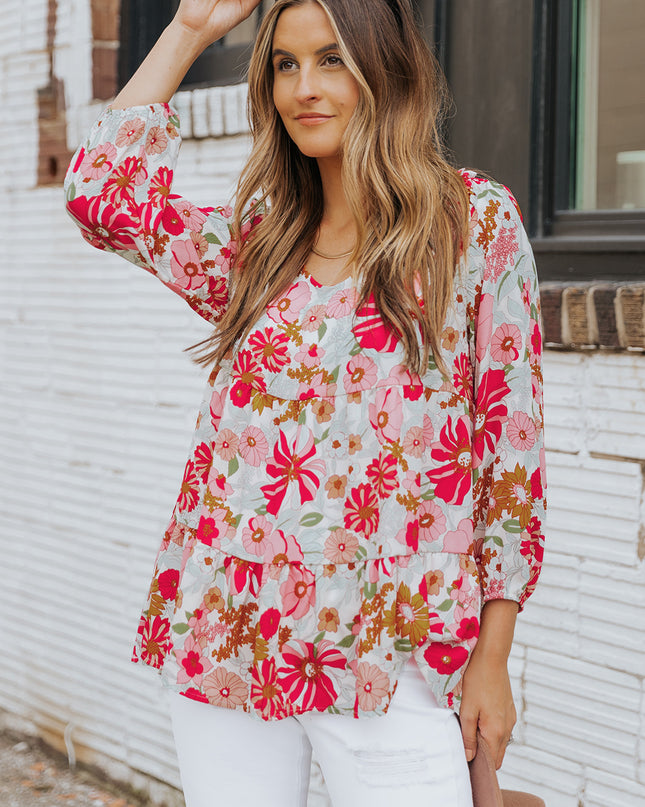Floral V-Neck Tiered Babydoll Blouse
