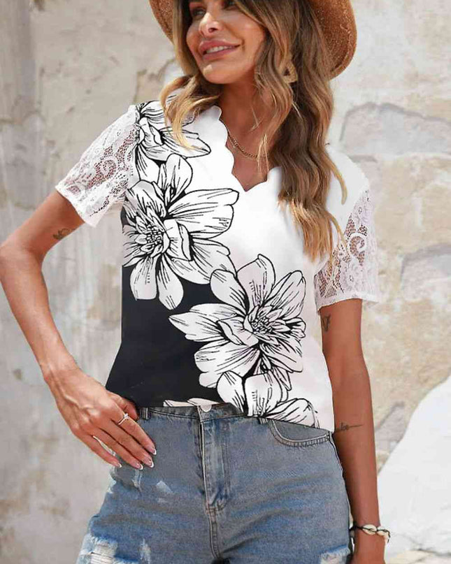 Floral Graphic Scalloped V-Neck Top