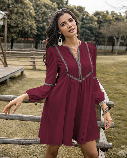 Notched Balloon Sleeve Mini Dress