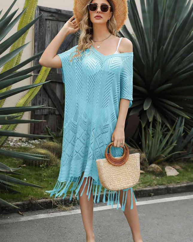 V-Neck Short Sleeve Fringe Hem Knit Dress