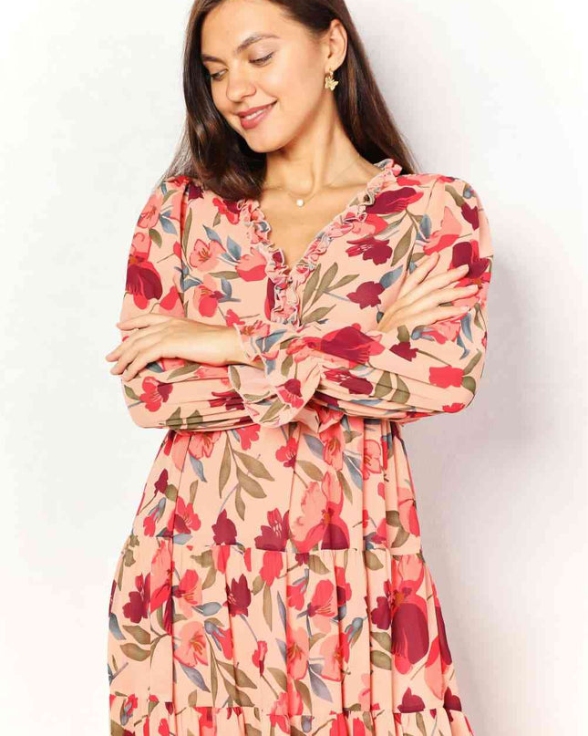 Double Take Floral Frill Trim Flounce Sleeve Plunge Maxi Dress