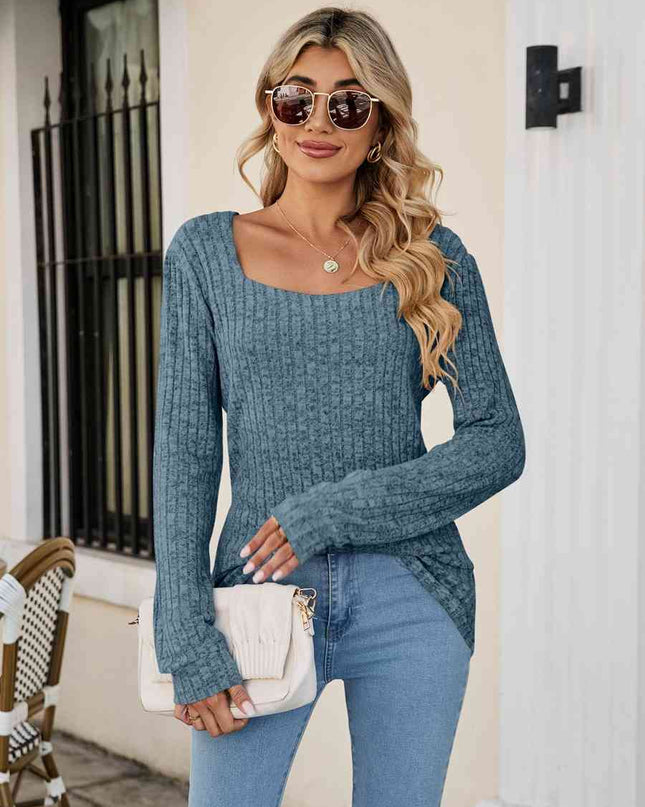 Square Neck Ribbed Long Sleeve T-Shirt