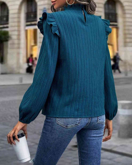 Mock Neck Ruffle Shoulder Blouse