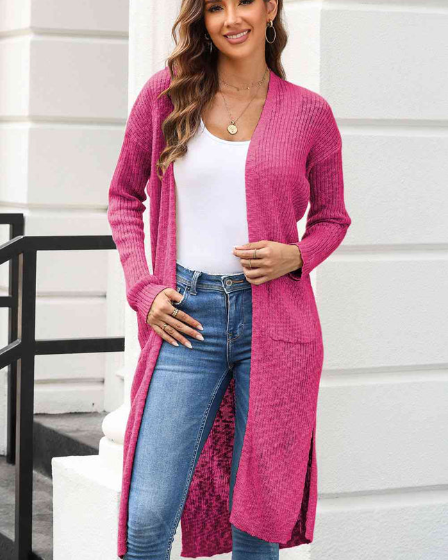 Open Front Slit Cardigan with Pockets