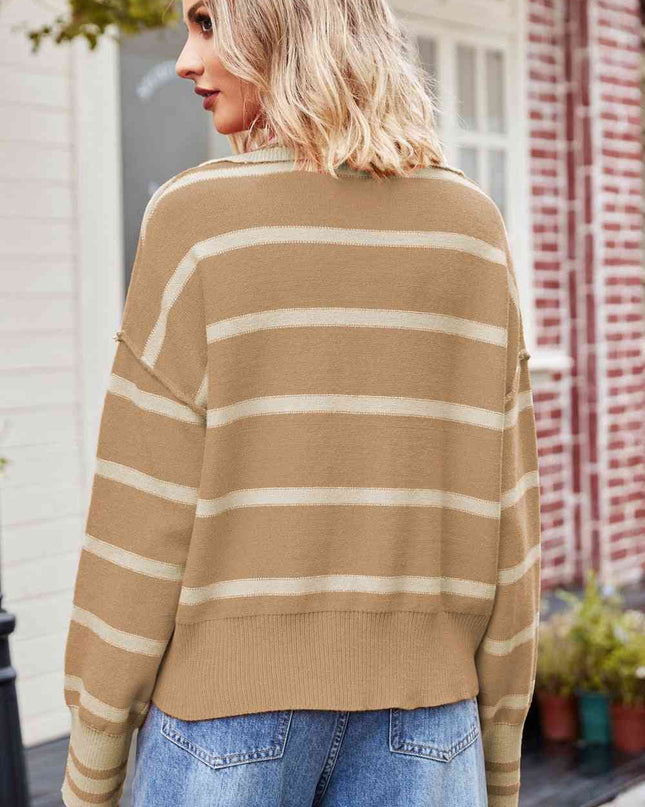 Striped Dropped Shoulder Notched Neck Knit Top