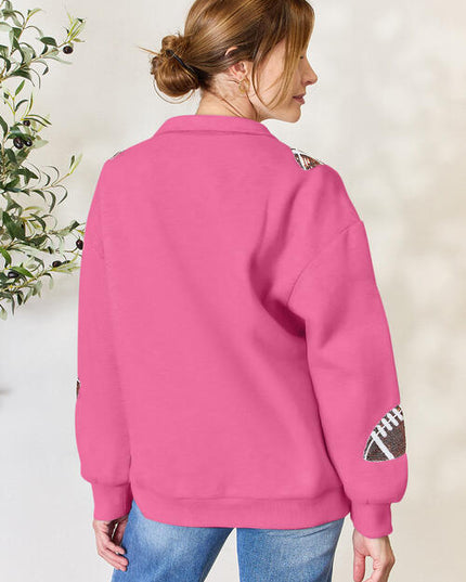 Double Take Full Size Sequin Football Half Zip Long Sleeve Sweatshirt