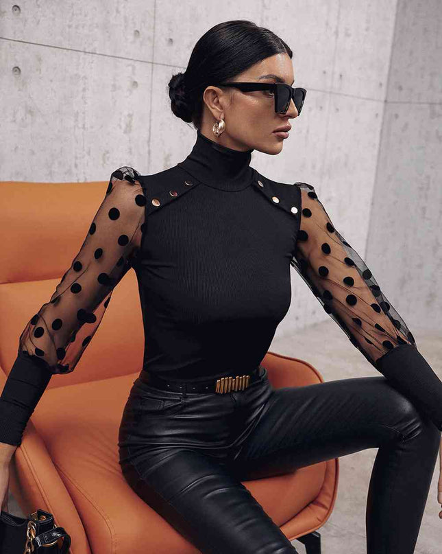 Buttoned Lantern Sleeve Turtle Neck Blouse