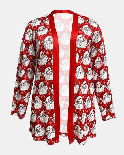 Plus Size Santa Print Open Front Long Sleeve Cardigan