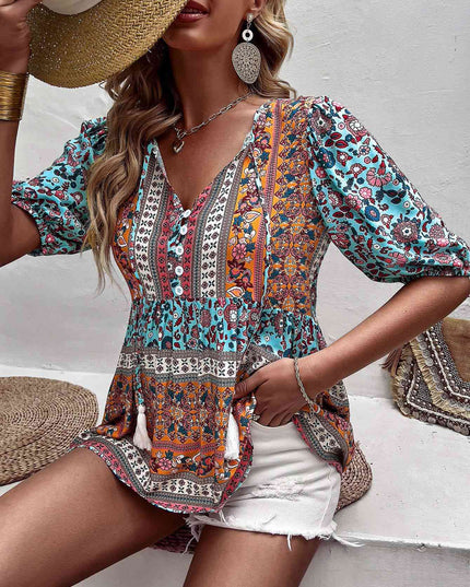 Bohemian Tassel Tie Puff Sleeve Babydoll Blouse