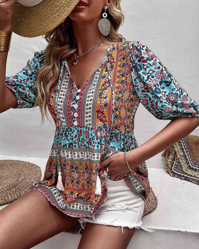 Bohemian Tassel Tie Puff Sleeve Babydoll Blouse