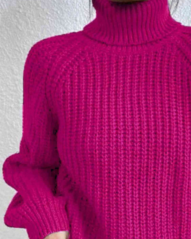 Full Size Turtleneck Rib-Knit Slit Sweater