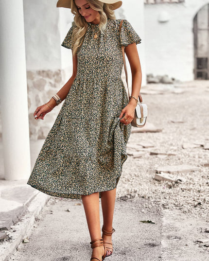 Round Neck Flutter Sleeve Midi Dress