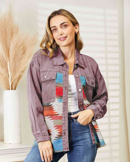 Dropped Shoulder Long Sleeve Printed Denim Jacket