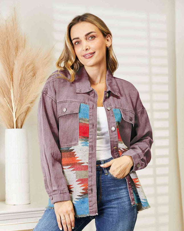 Dropped Shoulder Long Sleeve Printed Denim Jacket