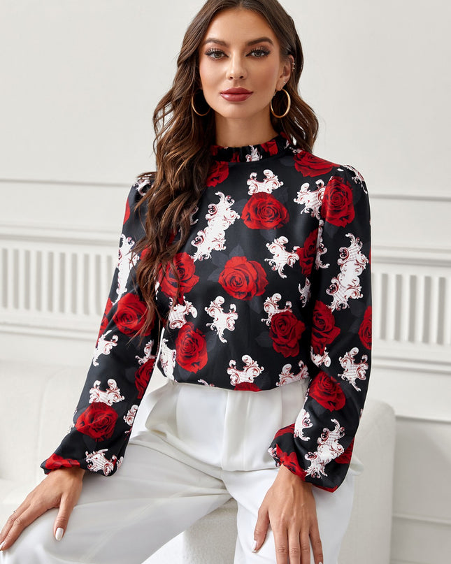 Floral Mock Neck Long Sleeve Blouse