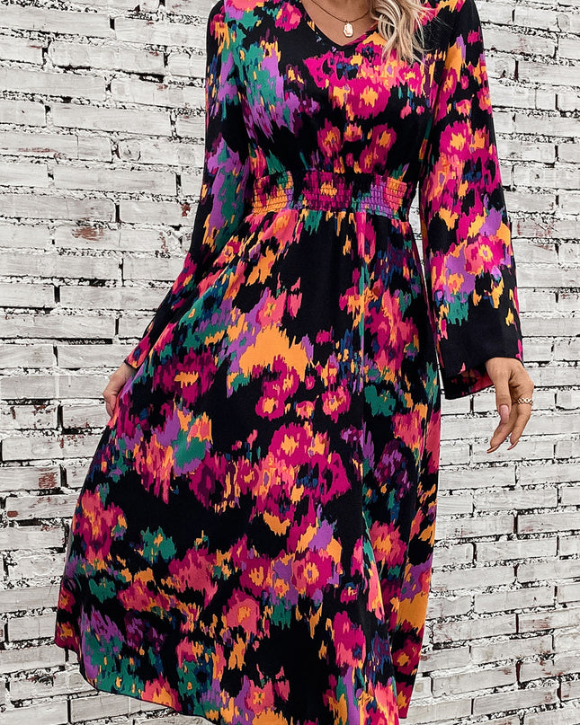 Printed Smocked Waist Midi Dress