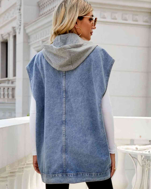 Hooded Sleeveless Denim Top with Pockets