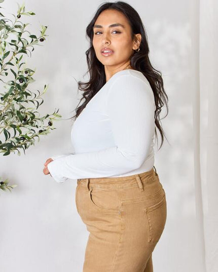 Heimish Full Size Ribbed Half Snap Long Sleeve Bodysuit