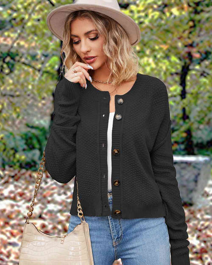 Button Up Round Neck Drop Shoulder Cardigan
