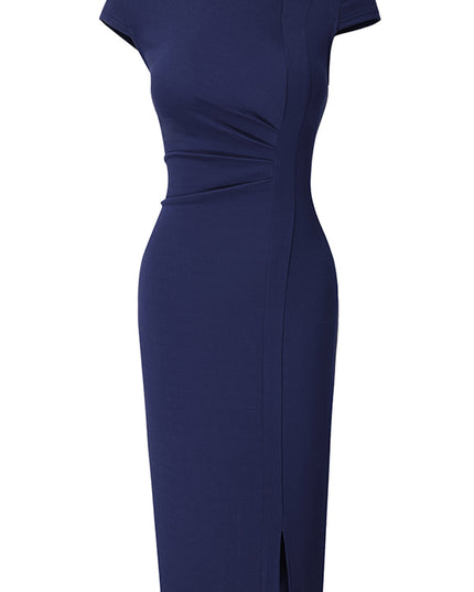 Asymmetrical Neck Short Sleeve Slit Dress