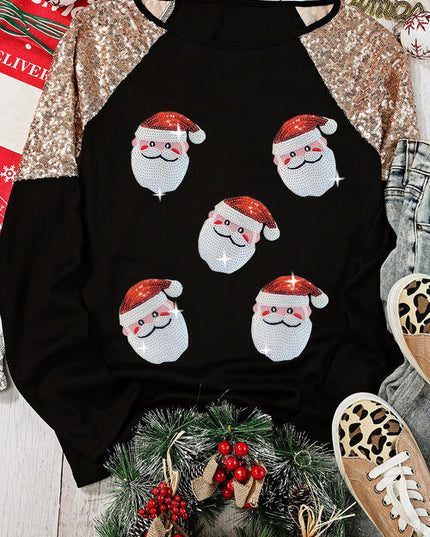 Santa Sequin Long Sleeve Round Neck Top