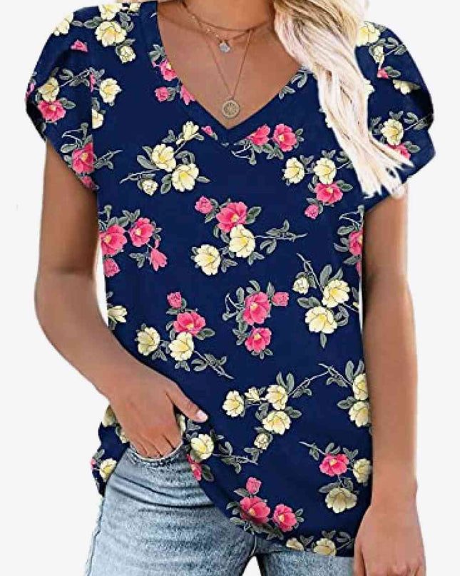 Printed Petal Sleeve V-Neck Blouse