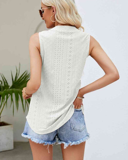 Notched Neck Curved Hem Eyelet Tank