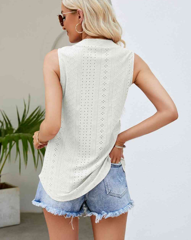 Notched Neck Curved Hem Eyelet Tank