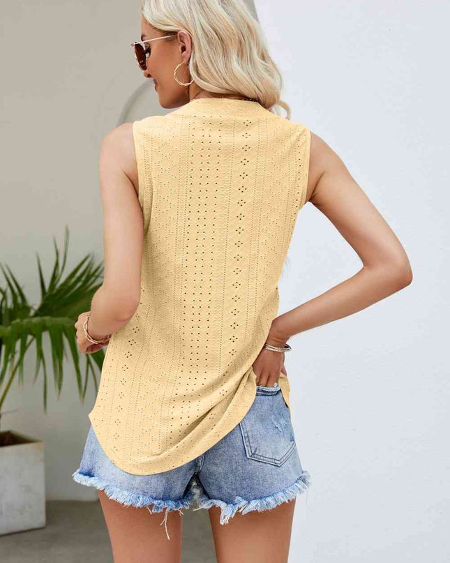 Notched Neck Curved Hem Eyelet Tank